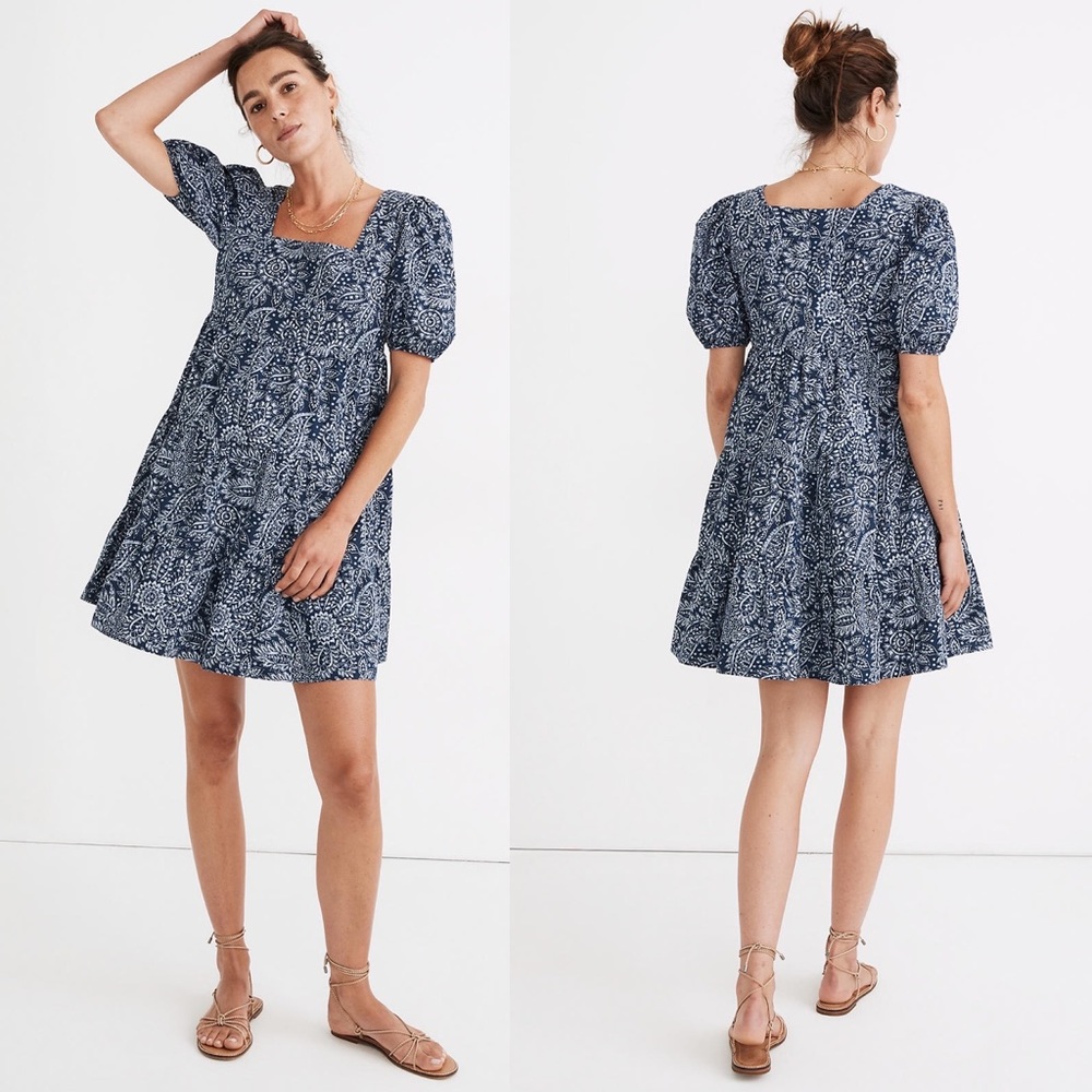 NEW Madewell Poplin Puff-Sleeve Tiered Babydoll Dress in Paisley Garden Size 6